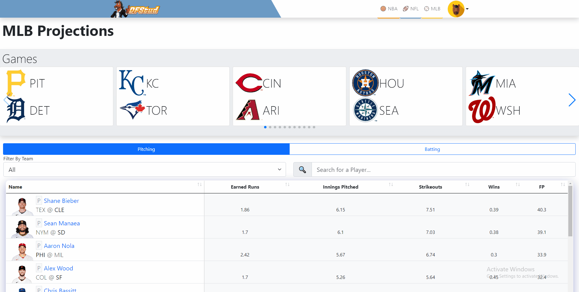 mlb projections table
